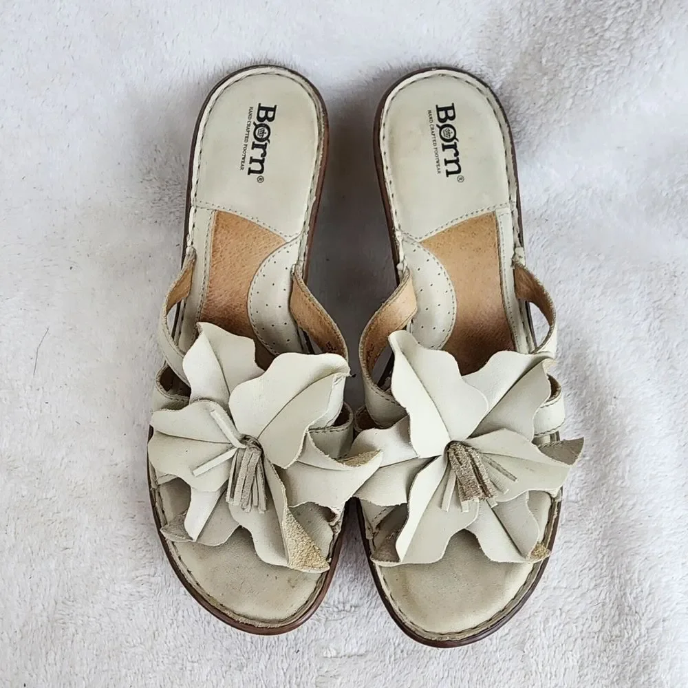Born Womens Beige Leather Flower Heel Strappy Leather Sandal Size Us 9 Eu 40